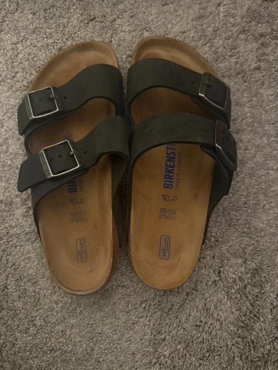 Birkenstock Two-Strap Sandals in Black with Brown Footbed - Picture 2 of 3